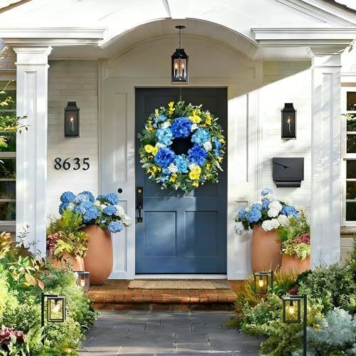 26 Inch Spring Wreaths for Front Door Outside Large Artificial Summer Wreath Silk Hydrangea Wreath with Yellow Daisy and Eucalyptus Leaves Indoor Outdoor Porch Rustic Farmhouse Home Wall Wedding Decor - Image 2