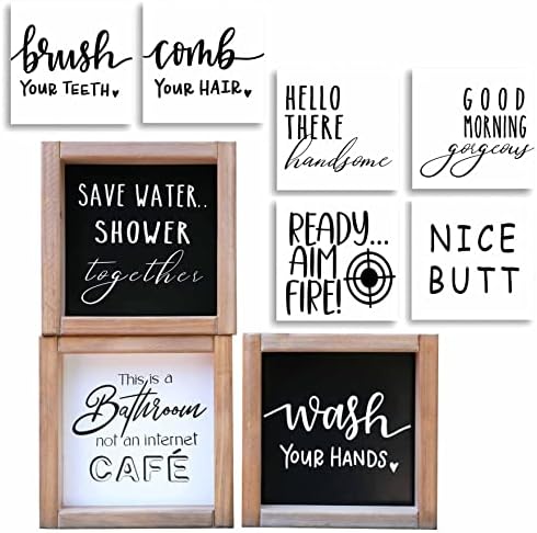Funny Bathroom Signs Decor, Farmhouse Bathroom Decor with 9 Interchangeable Sayings, Rustic Accessories for Restroom Shelf Decor Sign for Kids Bathroom 6x6"，Black and White Restroom Decorations by PENEPICO-SIMPLELIFE