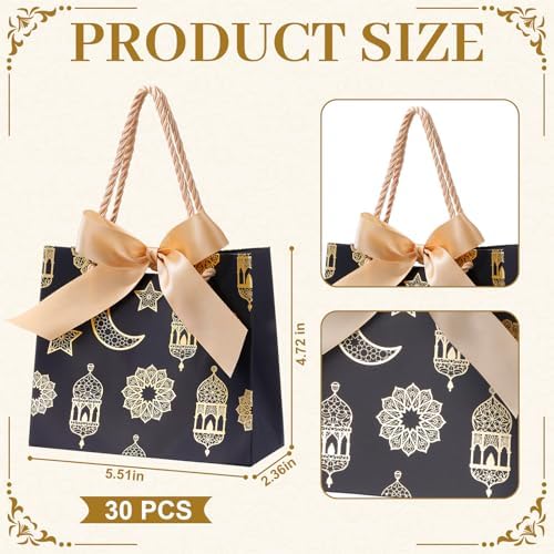 Marspark 30 Pcs Ramadan Mubarak Reusable Gift Bags with Bow, Black Gold Foil Stamping, Eid Lantern Treat Bags with Handles, Reusable Eid for Gifts Wrapping, Kareem Party Supplies, 14 * 6 * 12cm - Image 2