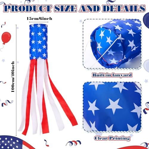 Remagr 10 Pcs Patriotic 4th of July Decorations Outdoor, 2 American Flag Windsocks, Independence Day Porch Banners with 6 USA Pleated Bunting Flags, Red White Blue Labour Day Decor for Yard Garden - Image 4