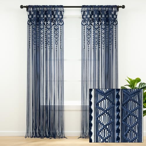 Lush Decor Boho Macrame Textured Cotton Window Curtain Panel Single 40" W x 84" L Navy - Macrame Curtains for Windows, Room Divider, Boho Wall Decor - Image 5