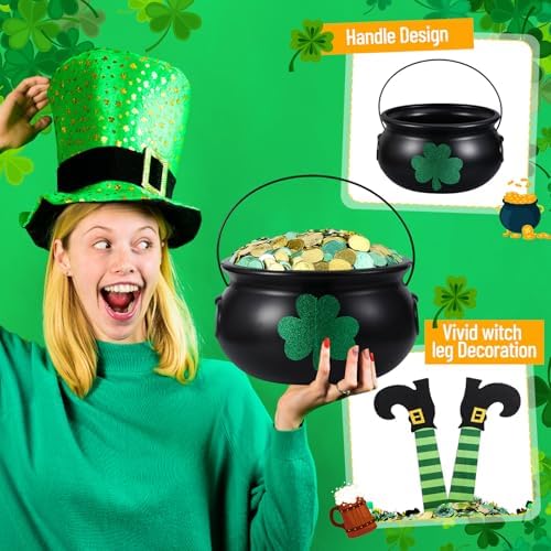 Seenelling 215 Pcs St. Patrick's Day Decoration Pot Set Black Cauldron with Handle Lucky Shamrock Coins Beaded Necklaces Shamrock Tinsel Garland Wood Witch Legs for St. Patrick's Day Party Decor - Image 5