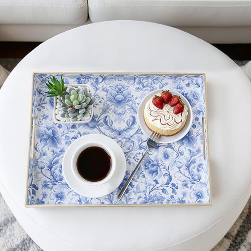 Serving Tray with Handles, Rectangular Plastic Tray 15.75x11.81 Inch, Blue and White Peony Chinese Porcelain Style Decorative Tray for Kitchen, Dining Table, Vanity, Office & Home - Image 3