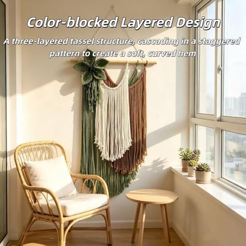 YRPZIQF Three-layered Tassels Cotton Rope Macrame Wall Hanging, Three-Dimensional Floral Wall Decor, Bohemian Wall Art for Living Room, Bedroom, Home Backdrop(Gray) - Image 4