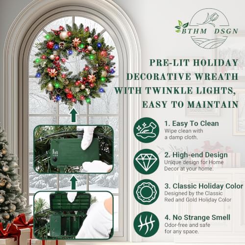 28 Inch Artificial Christmas Wreath with 30 LED Lights - Image 3