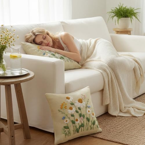 Tudomro 2 Pcs Daisy Throw Pillow Covers 20x20 Inch Spring Summer White Daisy Wildflowers 3D Embroidered Pillowcases with Zipper for Home Bedroom Cozy Sofa Couch Summer Boho Flowers Holiday Decor - Image 5