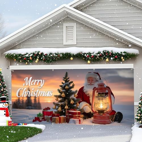 Christmas Garage Door Banner with Santa Claus and Christmas Tree – Holiday Garage Mural Cover with Oil Lantern, Gifts, and Sunset Snow Scene – Outdoor Winter Decoration for Home - Image 5