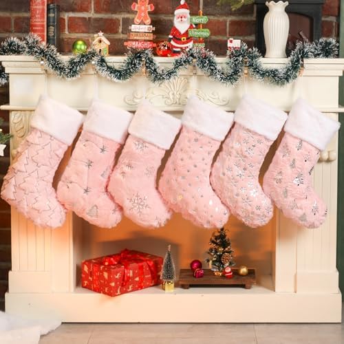 Pink Christmas Stockings Set of 6 - Lage Elegant Faux Fur Xmas Stockings with Silver Christmas Tree Snowflake Designs, Pink Christmas Decoration for Holiday Party Home by Unknown