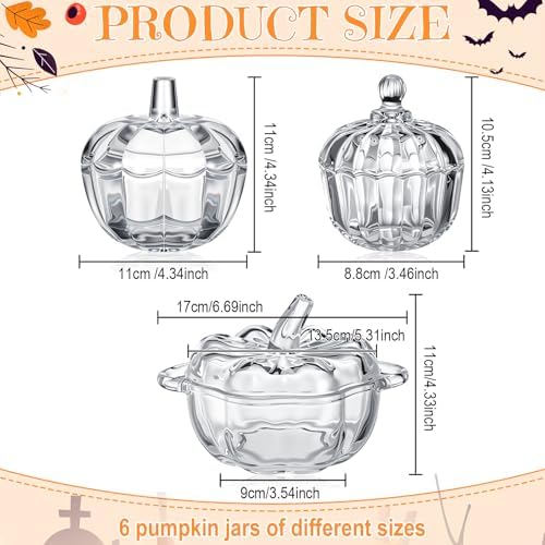 Mimorou 6 Pcs Glass Pumpkin Candy Jars with Lids, 3 Sizes Clear Bowls - Image 2