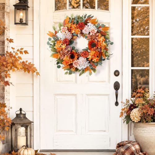 24 Inch Fall Wreaths for Front Door with Sunflowers Roses Autumn Home Decor - Image 2
