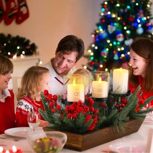 3 Pillar Christmas Table Centerpiece Christmas Candle Holder Artificial Red Berries Pine Cones with Steal Base Frosted Berry Arrangement for Home Decor - Image 4