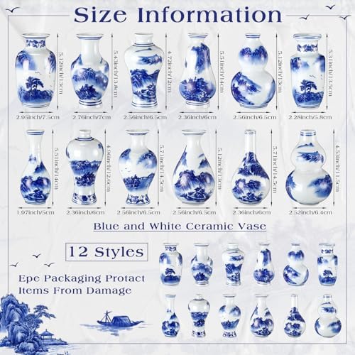 Maxcheck 12 Pcs Small Blue and White Vase, Mini Chinoiserie Vases, Stylish - Image 2