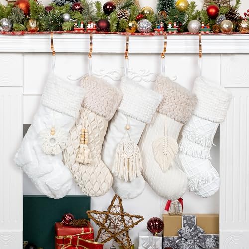 BHD BEAUTY Bohemian Style Christmas Stocking Set of 5 Tassel Xmas Stocking Boho Macrame Decorations Farmhouse Mantel Hanging Ornament for Xmas Holiday Party by bhdbeauty