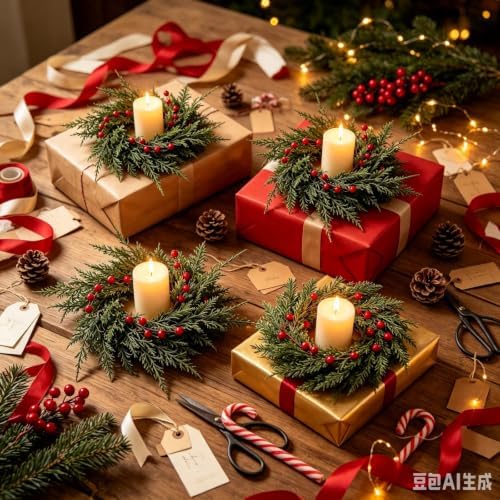 6 Pcs Small 4th of July Hanging Wreaths for Cabinets Patriotic Mini Candle Ring Wreath with Red White Blue Flowers (6, Burgundy Bow Cedar Red Berries) - Image 5