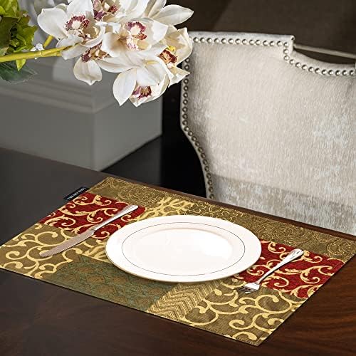 Loom and Mill Luxury Patchwork Damask Placemats Set of 6, Red Gold, 12x18in - Image 2