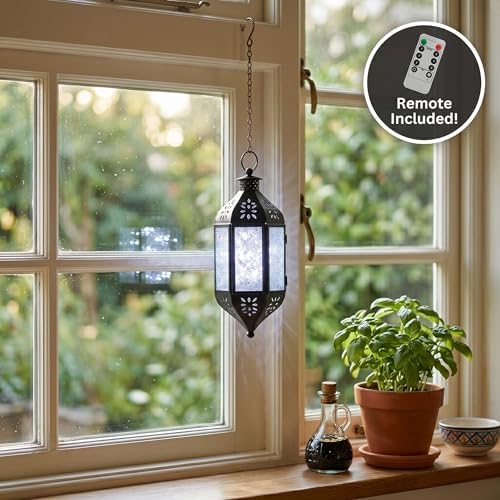 Vela Lanterns Hanging Moroccan Lantern with LED Twinkle Fairy Lights - Exotic Decorative Patio & Porch Decor, Indoor Outdoor Candle Lamp Holder with Chain (13" Large, Clear Glass) - Image 4