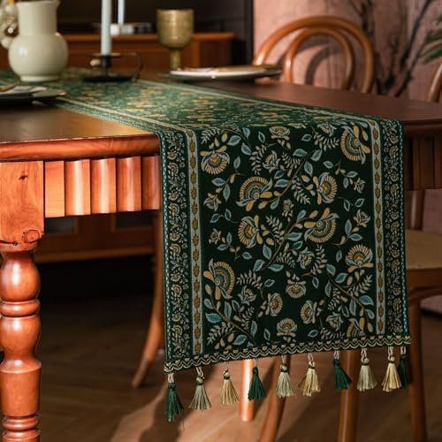 Spring Floral Table Runner 83in Long - Nordic Vine Green Embroidery Jacquard with Tassels, Elegant Easter & Mother's Day Decor for Farmhouse Dining Table, Wedding & Dresser (Vine Green, 13.7"x83") - Image 5