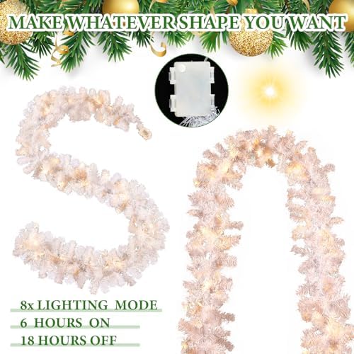 Hotop 9 ft Faux Spruce Artificial Christmas Garland LED Warm Pine Prelit Battery Operated Lighted Garland for Seasonal Indoor Home Fireplace Mantle Tree Stair Decor(4 Pcs,White) - Image 4