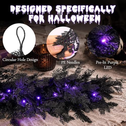 Pre-Lit Halloween Garland 9FT Decorations Black Real Touch Cedar Cypress Pine Plant Artificial Halloween Garland with Lights for Mantle, Fireplace, Table, Stairs, Door, Indoor Outdoor Decorations - Image 5