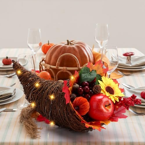 20pcs Thanksgiving Cornucopia Basket Set Fall Table Centerpieces 18inch Horn Cornucopia Centerpiece of Plenty Harvest Decor with Artificial Leave Acorn Fruits Decor for Autumn Dining Table Centerpiece - Image 5