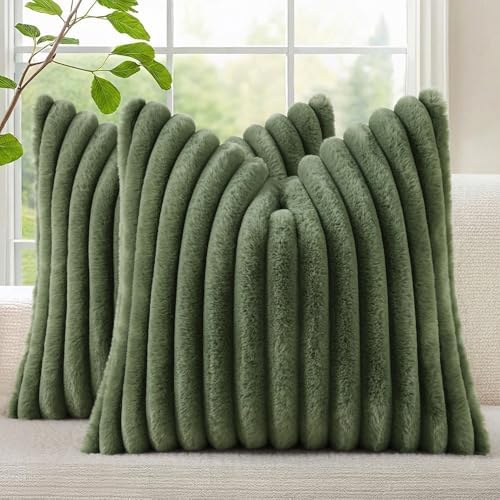 decorUhome Fall Faux Fur Throw Pillow Covers 24x24 Set of 2 Olive Green by decorUhome