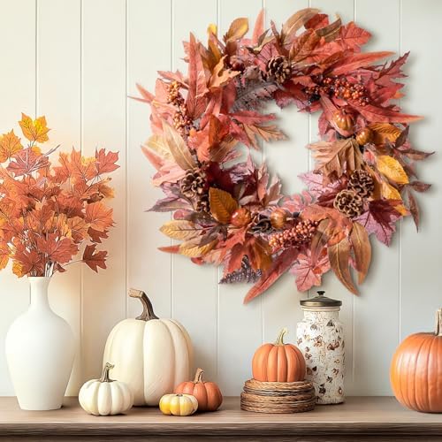 DN DECONATION 24 Inch Fall Wreaths for Front Door, Autumn Farmhouse Wreaths - Image 5