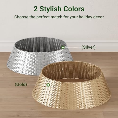 ELYKEN Gold Christmas Tree Collar, 33 Inch Woven Xmas Tree Skirt Cord Cut-Out - Protects Tree Base from Pets, Stylish Holiday Tree Skirt Alternative, Round Tree Ring for Christmas Tree Decor - Image 5