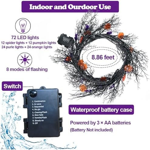 Halloween Decor Lights 8.86FT 72 LED Willow Vine Twig with Timer Battery Operated Garland Lights with Orange Pumpkins Purple Spiders and Black Dead Branches Indoor Halloween Decorations for Home - Image 4