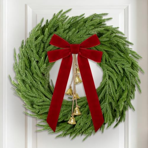 Christmas Decor, 24" Norfolk Pine Christmas Wreath with Velvet Bow & Bells by Zesua