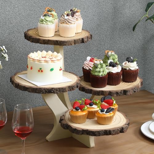 Chunful 4 Tier Round Natural Wood Cupcake Dessert Stand, Cup Cake Tower Stand Holder, Wooden Cake Display Tiered Centerpiece for Party, Birthday, Wedding, Baby Shower, Holiday Decoration - Image 5