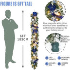 Pre-Lit Christmas Garland with Christmas Tree Icon Ribbon and Magnolia, 25 LED Lights with Timer, 6ft Lighted Silver Blue Garland for Front Door, Mantel, Holiday Decoration,Magnolia Winter Decor - Image 6