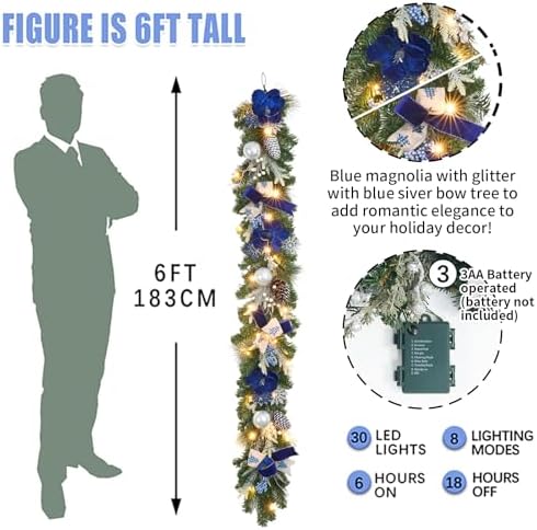 Pre-Lit Christmas Garland with Christmas Tree Icon Ribbon and Magnolia, 25 LED Lights with Timer, 6ft Lighted Silver Blue Garland for Front Door, Mantel, Holiday Decoration,Magnolia Winter Decor - Image 6