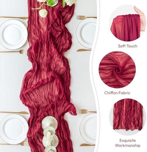Sioloc Burgundy Red Cheesecloth Table Runner Fall Autumn Decor for Home 10ft Table Cloth for Wedding Birthday Party Bridal Shower Christmas Halloween Thanksgiving - Image 2