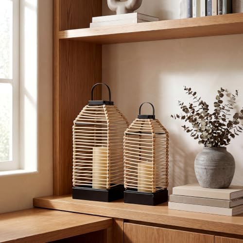 Baquler Natural Rattan Wicker Lantern Set of 2, Boho Handwoven - No Candles - Image 6