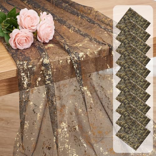 10 Pcs Black and Gold Gauze Table Runner, 28x118 Inch Sheer Glitter Metallic Foil Mesh Table Runner for Birthday Party Wedding Anniversary Christmas Halloween by ACRNIGHEET