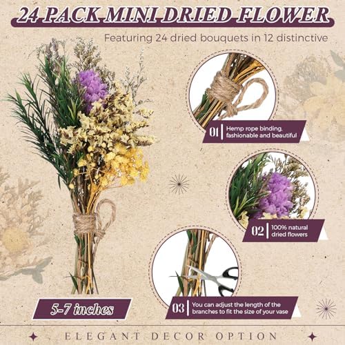 Layhit 24 Pcs Mini Dried Flower Bouquets Boho for Vase, Vivid - Image 2