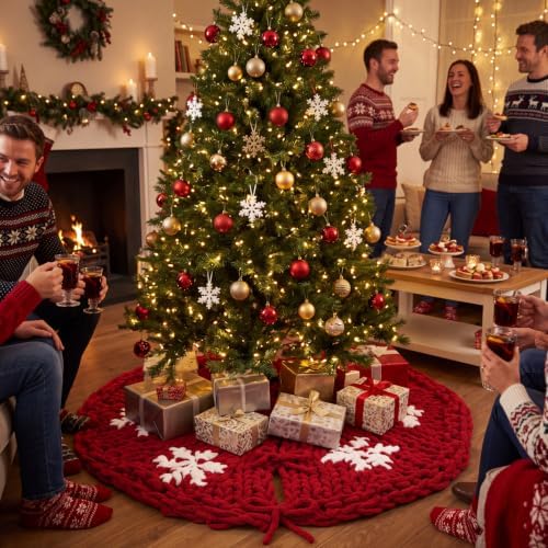 48'' Chunky Knit Christmas Tree Skirt Burgundy Red Trees Skirt - Image 4