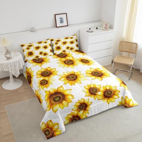 Sunflower Queen Size Bedding Set 3D Floral Botanical Comforter Set Yellow Flowers Bedding Comforter Sets Pastoral Sunflower Decor For Home Quilt Stylish Garden Theme Bedding With 2 Pillowcases, White - Image 4