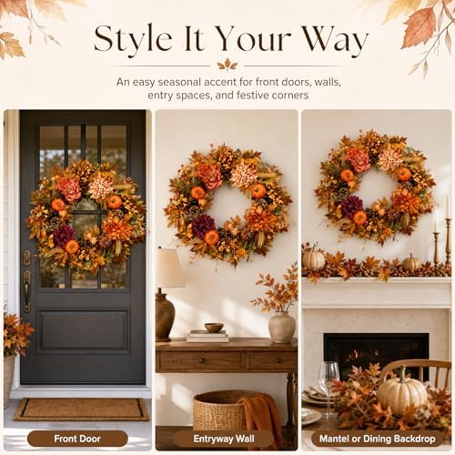 22Inch Fall Wreath for Front Door, Large Autumn Harvest Garland Decoration - Image 6