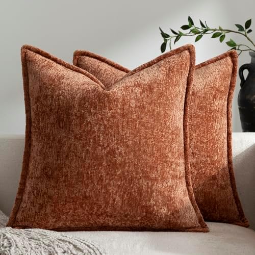 DEZENE Pack of 2 Burnt Orange Fall Decorative Throw Pillow Covers 22x22 Cozy Soft Chenille Accent Vintage Square Couch Pillow Covers for Home Decor Bed Sofa Living Room by DEZENE