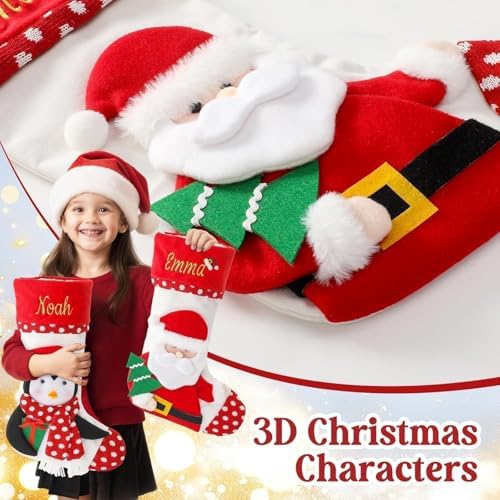 Personalized Christmas Stockings with Embroidered Name & Monogram,Custom 3D Xmas Character Stocking 3 Pack 18” Large,Santa,Snowman & Reindeer Fireplace Hanging Red Burlap Plaid Stockings(B) - Image 2