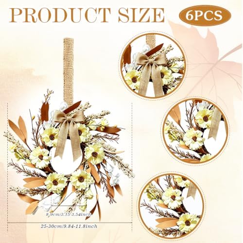 6 Pcs Small Fall Hanging Wreaths with Artificial Autumn Yellow Daisies Brown Foliage White Buds Beige Spikes Mini Cabinet Wreath for Home Table Centerpieces Kitchen Farmhouse Thanksgiving Party Decor - Image 2