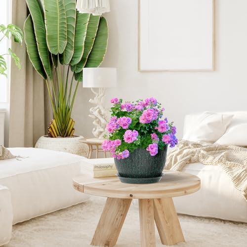 Meowell 12/10/9 inch Large Plant Pots, 3 Pack Wide Flower Pots for Outdoor Indoor Plants, Water Ripples Plastic Planters with Drainage Holes and Saucers for Garden House, Black with Green Speckles - Image 5