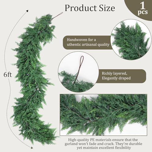 Hananona 6 FT Christmas Garland, Real Touch Cedar Garlands, 1 Pcs - Image 3