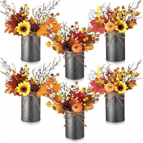 Zeyune 6 Sets Fall Thanksgiving Table Centerpiece Decoration Harvest Artificial Flower Stem Pumpkin Maple Berry Pick with Metal Pot for Autumn Rustic Farmhouse Home Kitchen Dining Indoor Decoration by Zeyune
