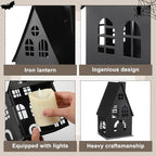3 Pcs Light up Black Halloween Metal House with LED Candles Lanterns Decor - Image 3