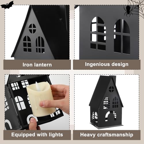 3 Pcs Light up Black Halloween Metal House with LED Candles Lanterns Decor - Image 3
