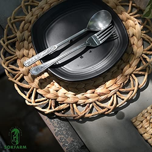 Round Woven Placemats Set of 8, 13.4 Inch Water Hyacinth Charger Plates for Dinner Plates, Handwoven Wicker Table Mats with Flower Edge, Boho Farmhouse Dining Table Decor for Thanksgiving Christmas - Image 5