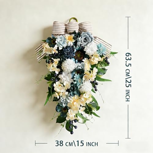 Idyllic 25 Inch Spring Blue Rose Door Hanging Artificial Floral Swag for Front Door Window Porch Stair Railing Spring Holiday Indoor Outdoor Home Decor - Image 3