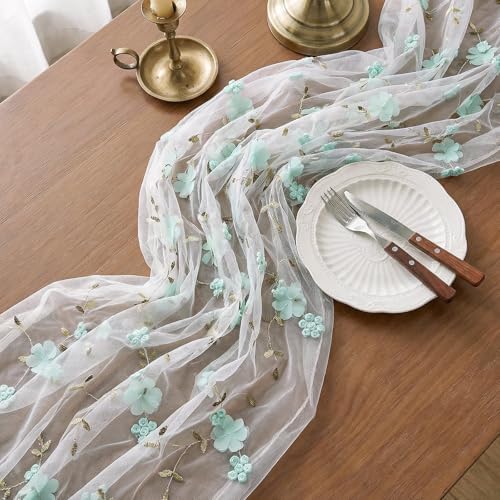 Embroidery Floral Table Runner Rustic Spring Summer Wildflower Tulle Table Runner Vintage Flower Kitchen Dining Tabletop Runners Decoration for Home Wedding Party, 108x24.5 Inch (Green Flowers) - Image 5